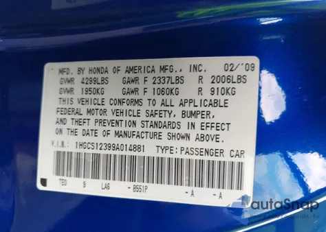 2009 Honda Accord 2.4 Lx-S from USA, damaged, VIN 1HGCS12399A014881